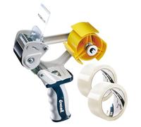 EXCELL PUSHFLAP Tape Dispenser (2 Inch Wide), Manual, Metal/Plastic, 3 Inch Core for Carton Sealing & Packing, Easy One-Hand Operation - 1 Set + 2 Rolls of Transparent Tape