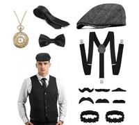 ExcellaElite 13 PCS 1920s Mens Costume 1920s Accessories for Men Gatsby Accessories Men Beret Pocket Watch Bow Tie Tie Suspenders Cuffs Beard,Suitable for Halloween Role-Playing
