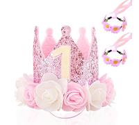 ExcellaElite 1st Birthday Decorations for Girls - First Birthday Crown & Wristbands - Pink
