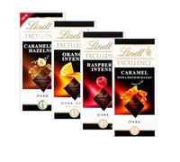 Excellence Dark Lindt Chocolates Bars Multipack - Pack of 4 x 100g Orange, Raspberry, Caramel Sea Salt & Hazelnut Bars & Topline Card. Chocolate Gift for Christmas Stocking Fillers, Birthday Gifts