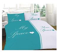 Excellent Hotel Quality King Couple My Space Your Space Teal and White Duvet Cover Set Bedding Set with Pillowcases - King Size