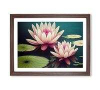 Excellent Water Lily Flowers Framed Print | A4 Walnut Framed Wall Art | Ready to Hang | Modern Floral Picture | Living Room Bedroom Lounge Office
