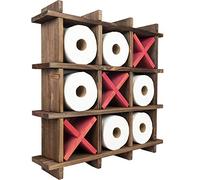 EXCELLO GLOBAL PRODUCTS Rustic Wooden Toilet Paper Holder: Tic Tac Toe Design for Wall Mounted or Freestanding Bathroom Tissue Roll Storage Organizer