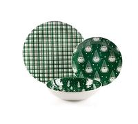 Excelsa Green Winter 18-Piece Porcelain Dinner Plate Set, Green with Christmas Motifs, Flat Plates 27 cm, Base 20.5 cm, Fruit 20.5 cm