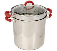 ExcelSteel 526 Multifunction Pasta Cooker with Lid and Red Silicone Grip, Stainless Steel