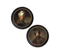 Exceptional Art c.17th Century Rembrandt's Oriental Gentlemen - Round Frame - 70 x 70cm - Black - Collection of 2