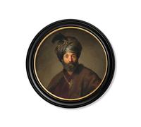 Exceptional Art c.17th Century Rembrandt's Oriental Gentlemen - Round Frame - 96 x 96cm - Black - Oriental Man Looking Left