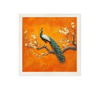 Exceptional Art Peacocks In Saffron Garden - Cream Hurstwood square frame - Left Facing Peacock - 96cm x 96cm