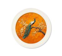 Exceptional Art Peacocks In Saffron Garden - Oxford Strong White Round Frame - 70 x 70cm - Right Facing Peacock