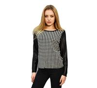 Exceptional Products Women Black & White Dogtooth Print Cotton PU Leather Long Sleeve Top/Sweatshirt L/XL (UK Size 10-12)