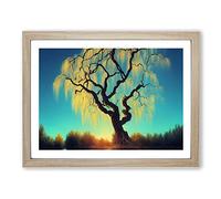 Exceptional Weeping Willow Tree Framed Wall Art Print A2 Oak