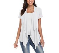 EXCHIC Women’s Open Front Cardigan Irregular Hem Short Sleeve Outfits (M, White)