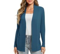 EXCHIC Women's Casual Long Sleeve Knitted Cardigan Lightweight Comfortable Open Front Long Sweaters with Pockets(L, Indigo Blue)