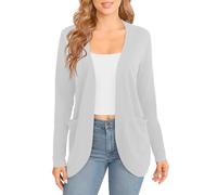 EXCHIC Women's Elegant Lightweight Long Sleeve Cardigan Curved Hem Open Front Knit Sweater with Pockets(M, Light Grey)