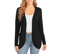 EXCHIC Women's Elegant Lightweight Long Sleeve Cardigan Curved Hem Open Front Knit Sweater with Pockets(L, Black)