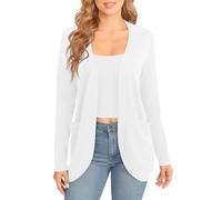 EXCHIC Women's Elegant Lightweight Long Sleeve Cardigan Curved Hem Open Front Knit Sweater with Pockets(XXL, White)