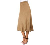EXCHIC Women's Elegant Thicken Suede Midi Skirt Elastic Waist A-Line Flare Splicing Skirt (S, Khaki)