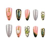 Exclent Press On Nails, 24 Pieces Almond Shaped Fake Nails, Pink Green Gold Silver Butterfly Art Design, 3D Gilded Retro Style