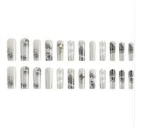 Exclent Professional Press-on Nails, Snake Pattern Design, Silver Gray, 24 Pieces Set with 3D Embellishments, Crystal Charms, Long Coffin Style