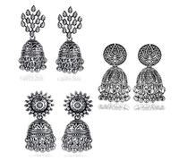 Exclusive Antique Designer Crafted Indian Bollywood Silver Oxidized COMBO Of 3 Ethnic Traditional Party Ware Jhumka Earrings Indian Traditional Jewelry for Women From Yellow Chimes, Oxidized Silver