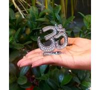 Exclusive Global Auspicious Hindu Om Symbol Metal Idol, 6 x 5.5 x 3 cm, Silver Colour, for Car Dashboard, Home and Office Decor Showpiece Gift