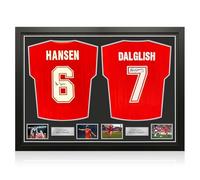 Exclusive Memorabilia Alan Hansen & Sir Kenny Dalglish Back Signed Liverpool 1986 Football Shirts. Dual Frame