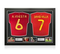 Exclusive Memorabilia Andres Iniesta & David Villa Signed Spain 2020 Football Shirts. Dual Frame