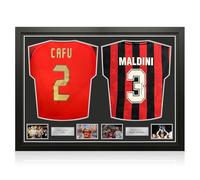 Exclusive Memorabilia Cafu & Paolo Maldini Signed Milan Football Shirts. Dual Frame