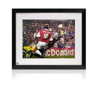Exclusive Memorabilia Dennis Bergkamp Signed Arsenal Football Photo: Hat-Trick vs Leicester. Framed