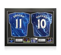 Exclusive Memorabilia Didier Drogba & Eden Hazard Signed Chelsea 2024-25 Football Shirts. Dual Frame