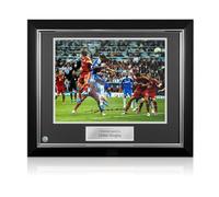 Exclusive Memorabilia Didier Drogba Signed Chelsea Football Photo: UCL Header. Deluxe Frame