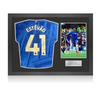 Exclusive Memorabilia Estêvão Willian Signed Chelsea 2025-26 Home Football Shirt. Icon Frame