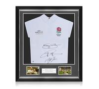 Exclusive Memorabilia Jason Robinson, Jonny Wilkinson & Martin Johnson Signed England Rugby Shirt: Champions Embroidery. Deluxe Frame