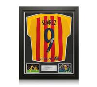 Exclusive Memorabilia Luis Suarez Signed Original Authentic Barcelona 2015-16 Away Football Shirt (Original Print). Standard Frame