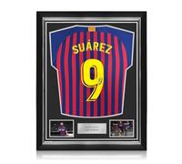 Exclusive Memorabilia Luis Suarez Signed Original Barcelona 2018-19 Home Football Shirt (Fan Style Printing). Superior Frame