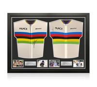 Exclusive Memorabilia Mark Cavendish & Tadej Pogacar Signed 2025 UCI World Championship Jerseys. Dual Frame