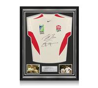 Exclusive Memorabilia Martin Johnson & Jonny Wilkinson Signed Original 2003 Player Issue England Rugby Shirt. Superior Frame