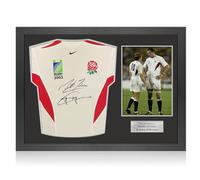 Exclusive Memorabilia Martin Johnson & Jonny Wilkinson Signed Original 2003 Player Issue England Rugby Shirt. Icon Frame