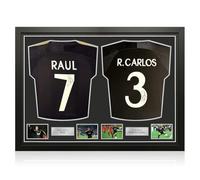 Exclusive Memorabilia Raul & Roberto Carlos Signed Real Madrid 1999-00 Away Football Shirts. Dual Frame