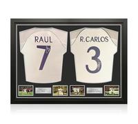 Exclusive Memorabilia Raul & Roberto Carlos Signed Real Madrid 1999-00 Home Football Shirts. Dual Frame