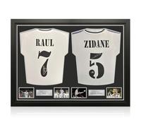 Exclusive Memorabilia Raul & Zinedine Zidane Signed Real Madrid Football Shirts. Dual Frame