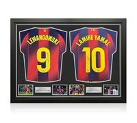 Exclusive Memorabilia Robert Lewandowski & Lamine Yamal Signed Barcelona 2025-26 Home Shirts. Dual Frame