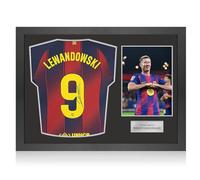 Exclusive Memorabilia Robert Lewandowski Signed Authentic Barcelona 2025-26 Home Football Shirt. Icon Frame