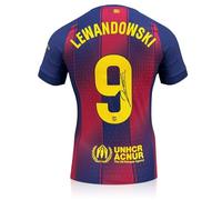 Exclusive Memorabilia Robert Lewandowski Signed Authentic Barcelona 2025-26 Home Football Shirt Multicoloured