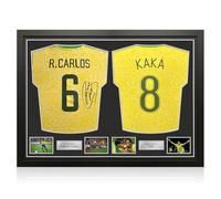 Exclusive Memorabilia Roberto Carlos And Kaka Signed Brazil 2024 Football Shirts. Dual Frame