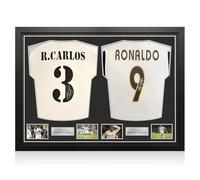 Exclusive Memorabilia Roberto Carlos & Ronaldo de Lima Signed Real Madrid Football Shirts. Dual Frame