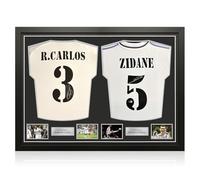 Exclusive Memorabilia Roberto Carlos & Zinedine Zidane Signed Real Madrid Football Shirts. Dual Frame