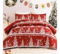 Exclusivo Mezcla 7.5 Tog Double Size Duvet Set with 2 Pillowcases, Reversible Rust Red Striped Coverless Duvet All Seasons with Christmas Trees Snowflakes Pattern
