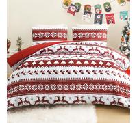 Exclusivo Mezcla 7.5 Tog Double Size Duvet Set with 2 Pillowcases, Reversible White and Rust Red Striped Coverless Duvet All Seasons with Christmas Reindeer Snowflakes Pattern