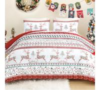 Exclusivo Mezcla 7.5 Tog King Size Duvet Set with 2 Pillowcases, Reversible Rust Red Striped Coverless Duvet All Seasons with Christmas Printed Flowers Reindeer Pattern
